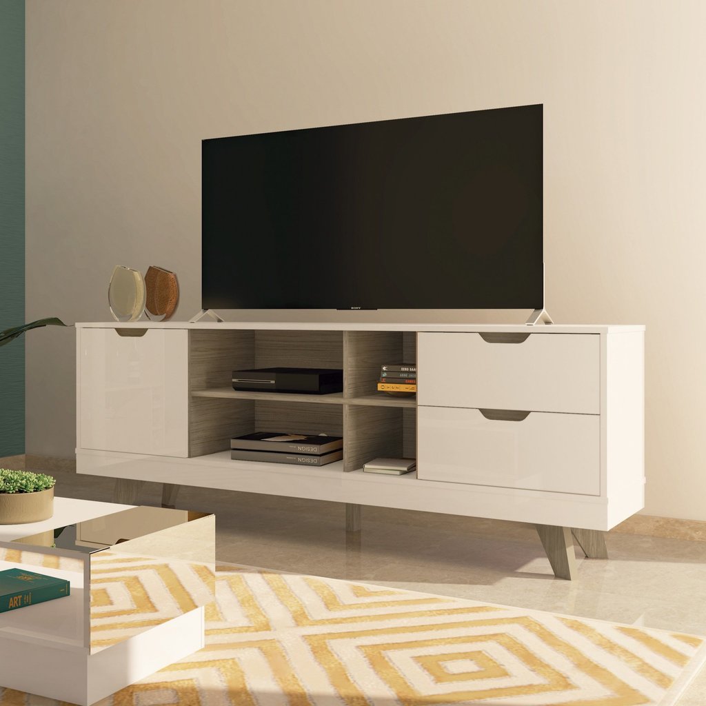Rack para TV até 60 Polegadas 160cm 2 Gavetas Michigan Bege Off White/Carvalho