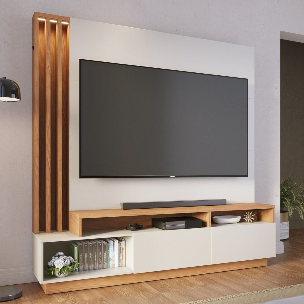 Estante para TV e Home Theater Ripado para TV até 65 Polegadas com LED 180CMX184CM LED 2 Portas Humaitá Colibri Branco