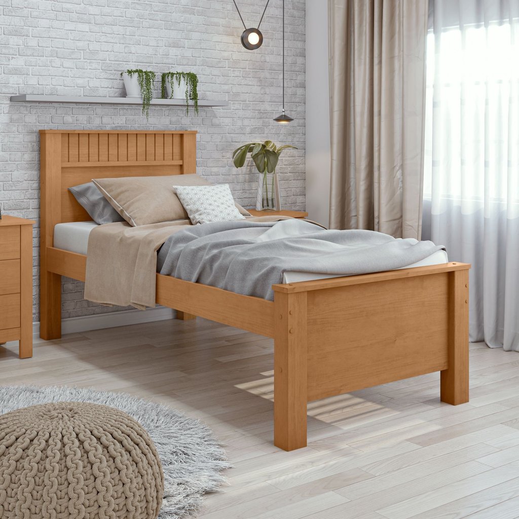 Cama de Solteiro com Detalhe Ripado Athenas Madeira Amêndoa Clean Amêndoa Clean