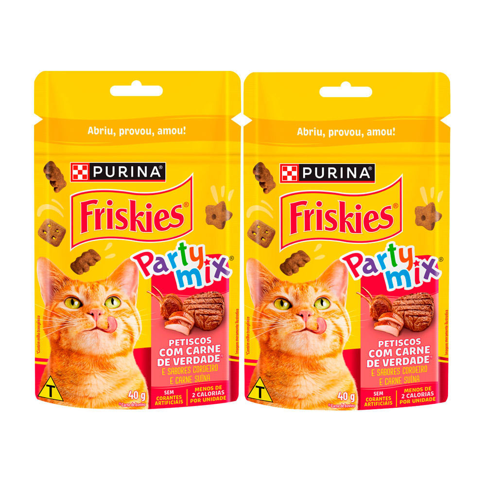 Kit 2 Petisco Friskies para Gatos Party Mix Sabor Cordeiro e Carne Suína 40g