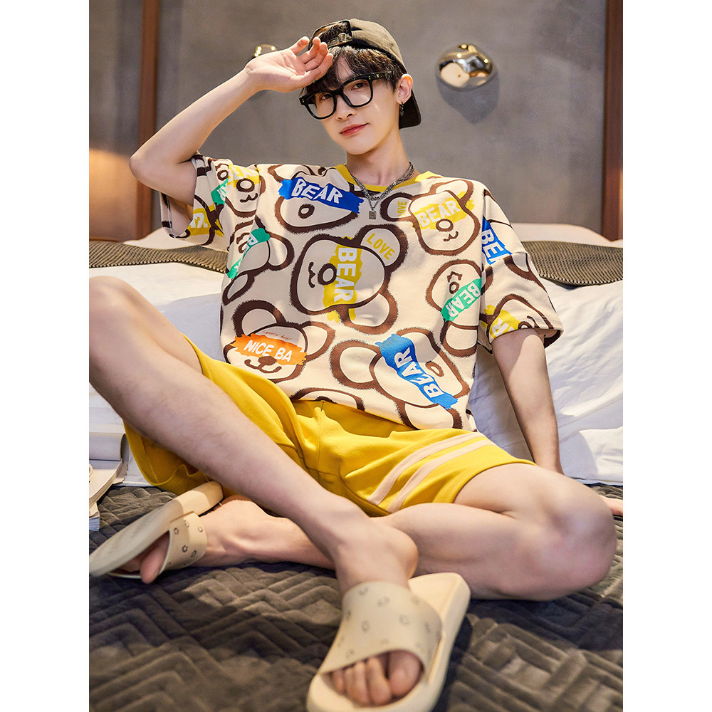 Pijamas de verão masculino algodão puro Shorts de manga curta terno adolescente dos desenhos animados estudante meninos 