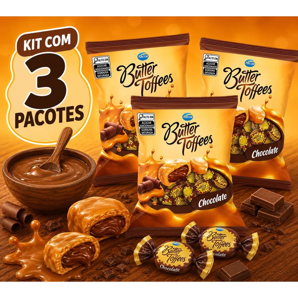 Kit Com 3 Balas Mastigável Butter Toffees Chocolate Arcor 90g