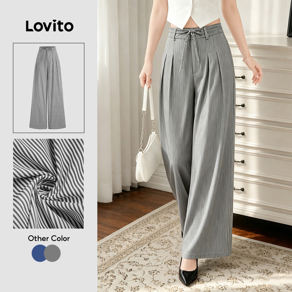 Lovito Elegante Calça Verão/primavera Com Botões E Cadarço Macia E Confortável Preta Para Todas As Estações L137ED215