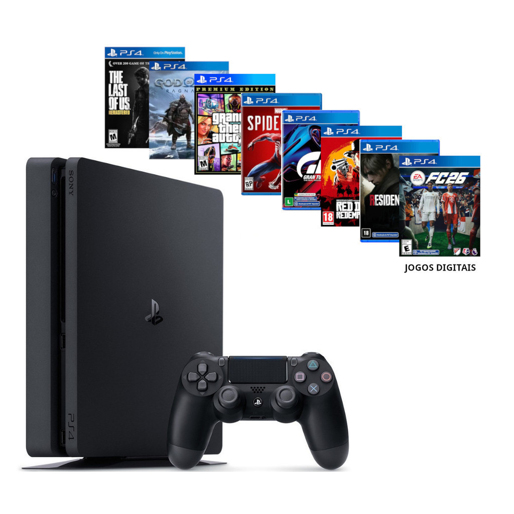 Sony Playstation 4 1000gb Ps4 Slim + Ea Fc Fifa 26 + God Raganarok + Gta 5 + Spider Man + 40 Jogos