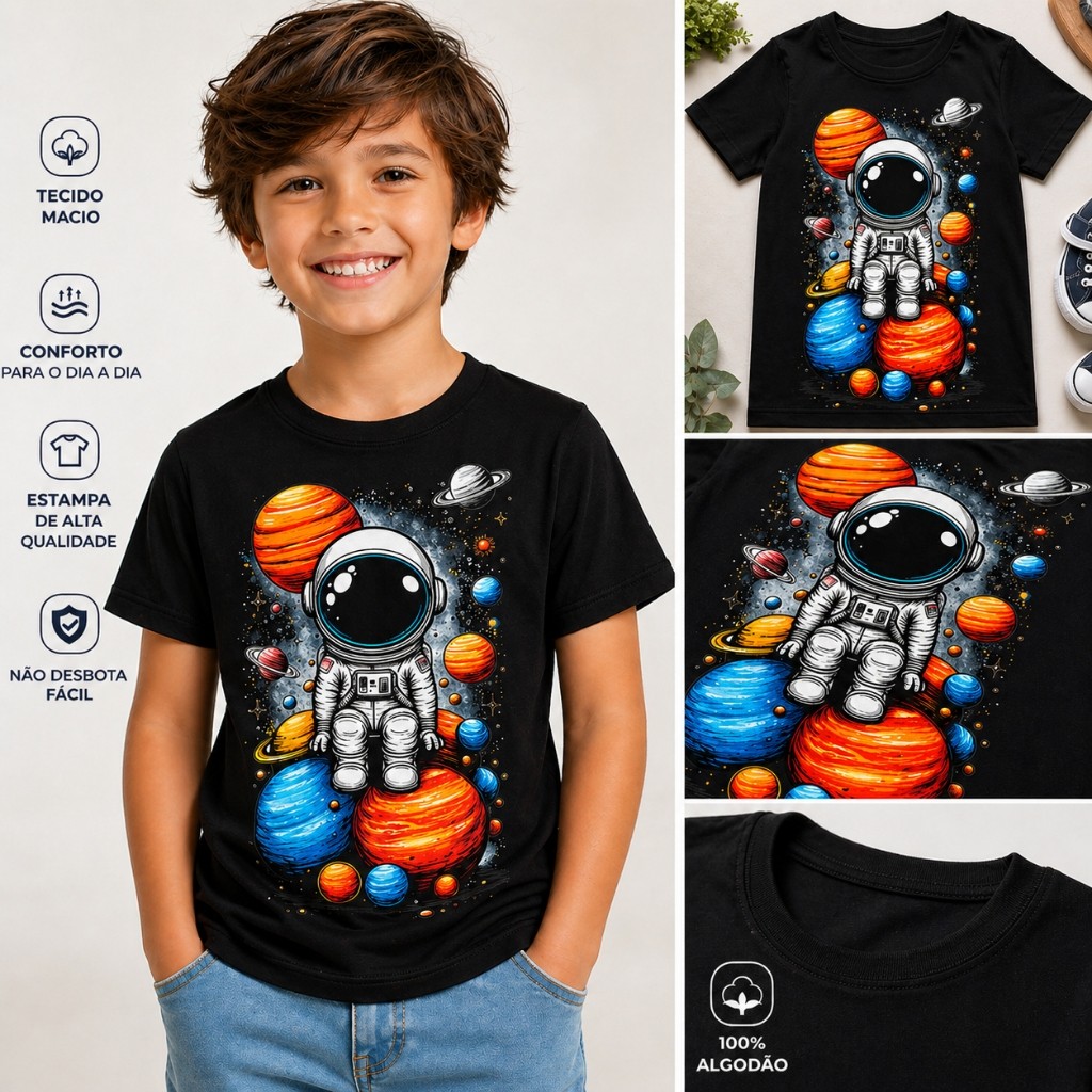 Camiseta Infantil Astronauta Espaço Algodão Confortável Estampa Alta Qualidade - Tylex Wear