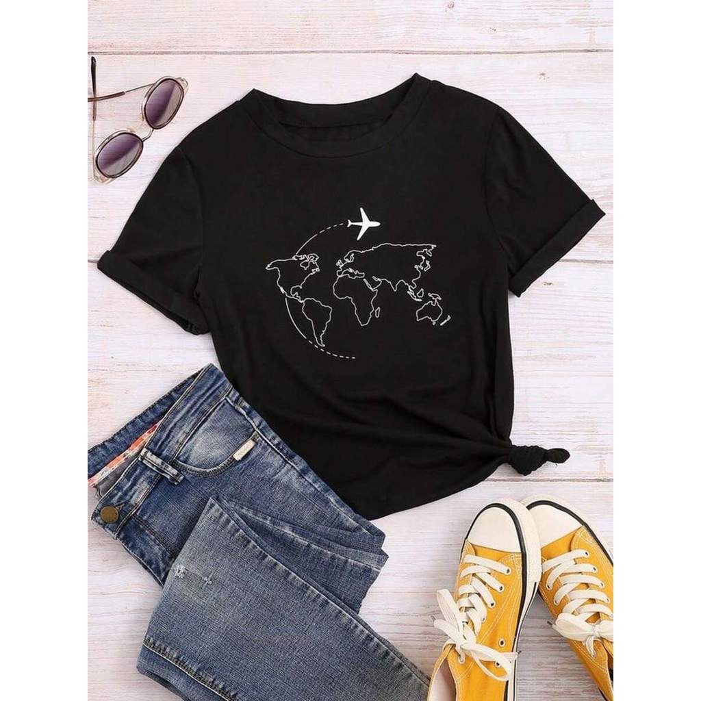 Camiseta Feminina estampada mundo avião estilosa minimalista delicada look tendencia feminina masculino unissex
