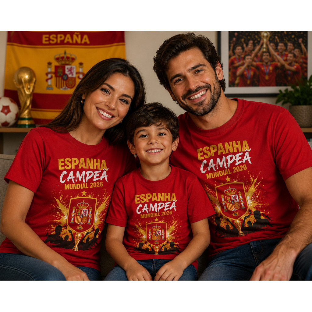 Camiseta Adulto e Infantil Espanha Bicampeã Campeã Campeão Copa do Mundo 2026 Estilo de Jogo World Cup ENVIO IMEDIATO