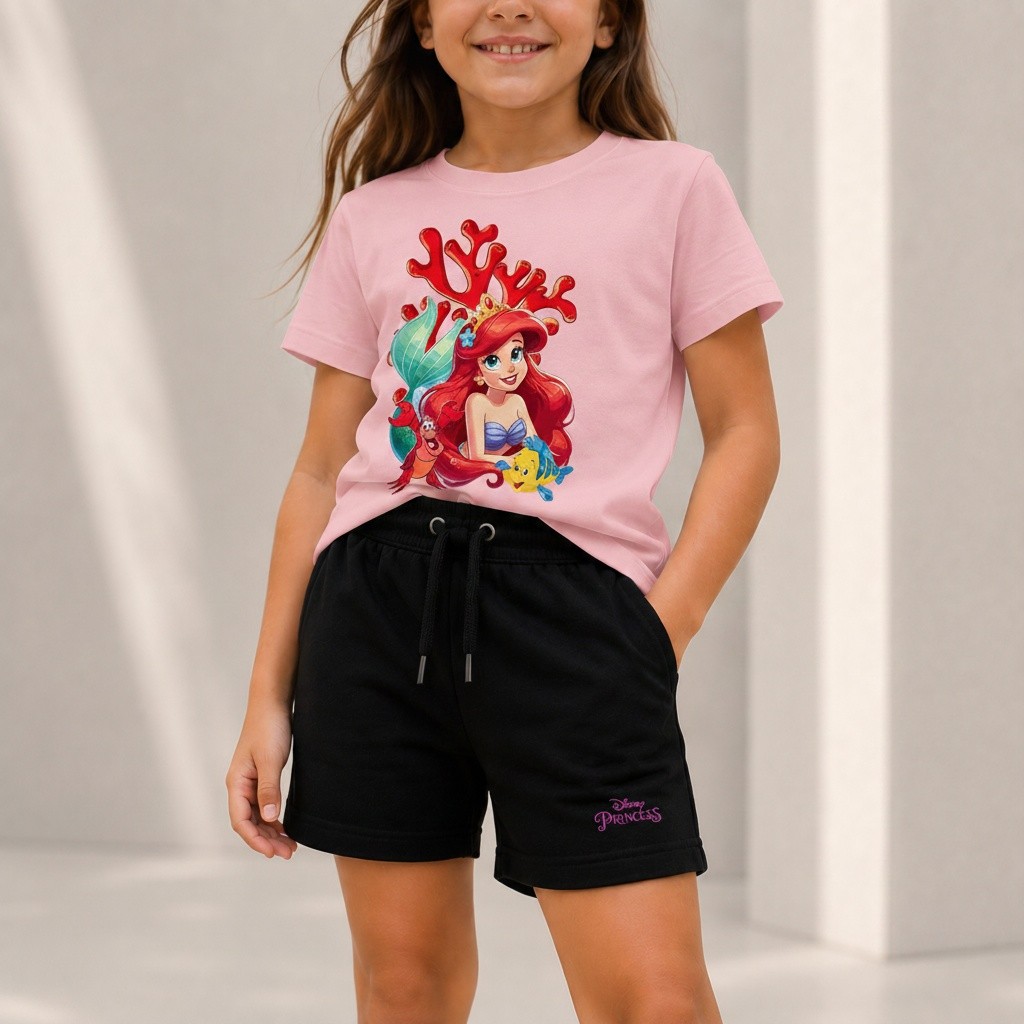 Kit Camiseta Infantil Pequena Sereia Ariel Turma do Mar Menina e Bermuda Moletinho
