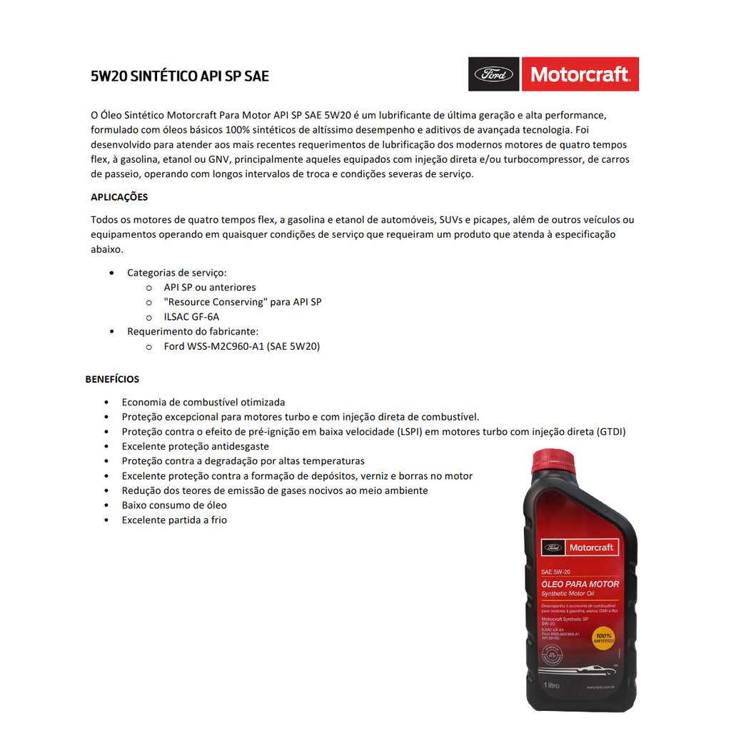 Kit 5l Óleo 5w20 100 Sintético e Filtro Motorcraft Original — imagem 2 de 2
