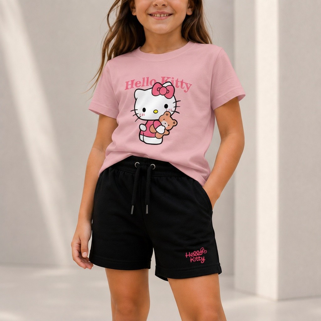 Kit Camiseta Infantil Menina Hello Kitty Ursinho e Bermuda Moletinho