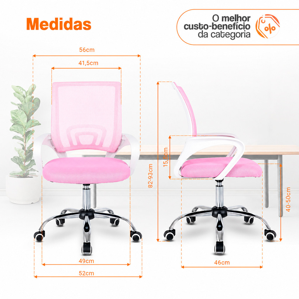 Cadeira de Escritório Begônia Ergonômica Tela Mesh Apoio Lombar Ajuste de Altura Giratória 120kg Rosa · foto 2