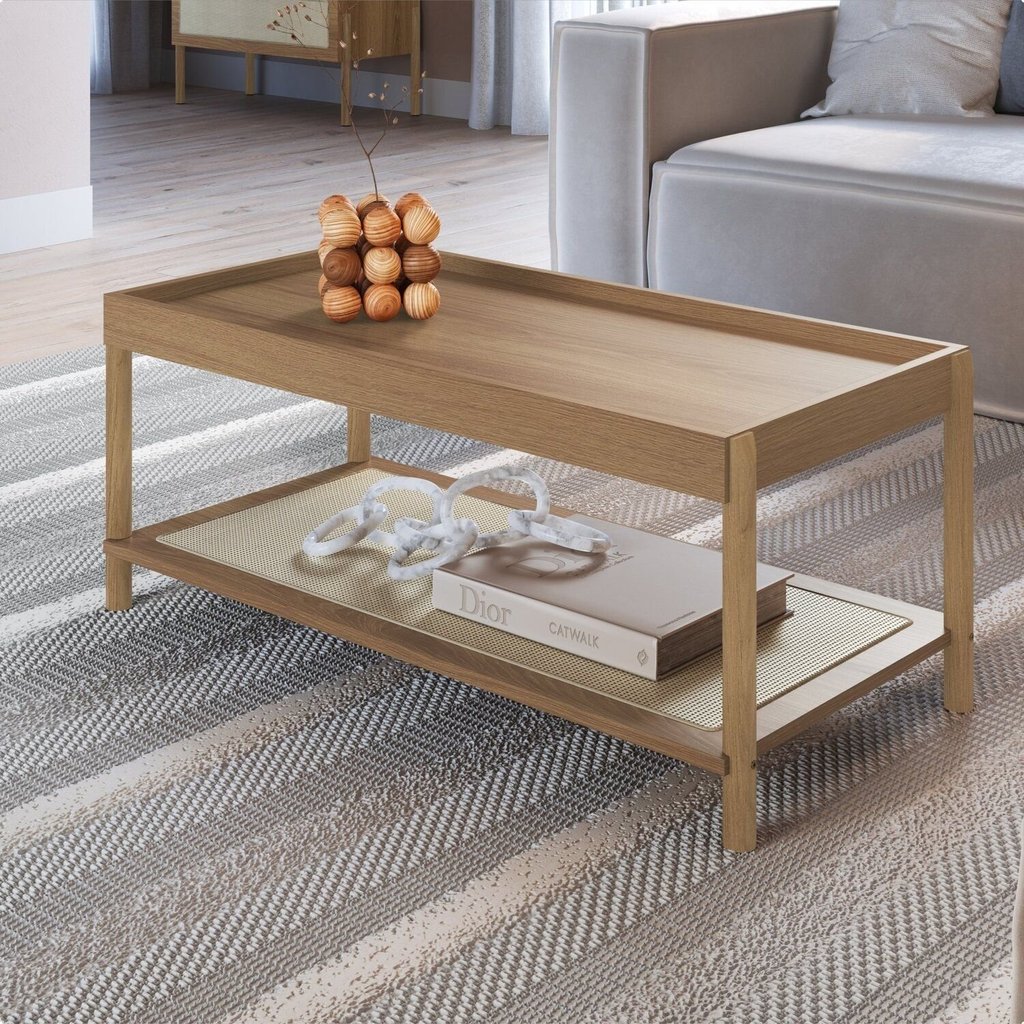 Mesa de Centro Retangular com Prateleira 93cm Palhinha Pé Madeira Oslo Bege Hanover Telado