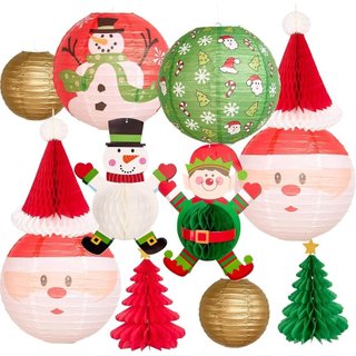 Conjunto de 12 Lanternas de Papel Douradas, Vermelhas e Verdes para Decoração de Natal, Chapéu de Natal 3D, Papai Noel, 