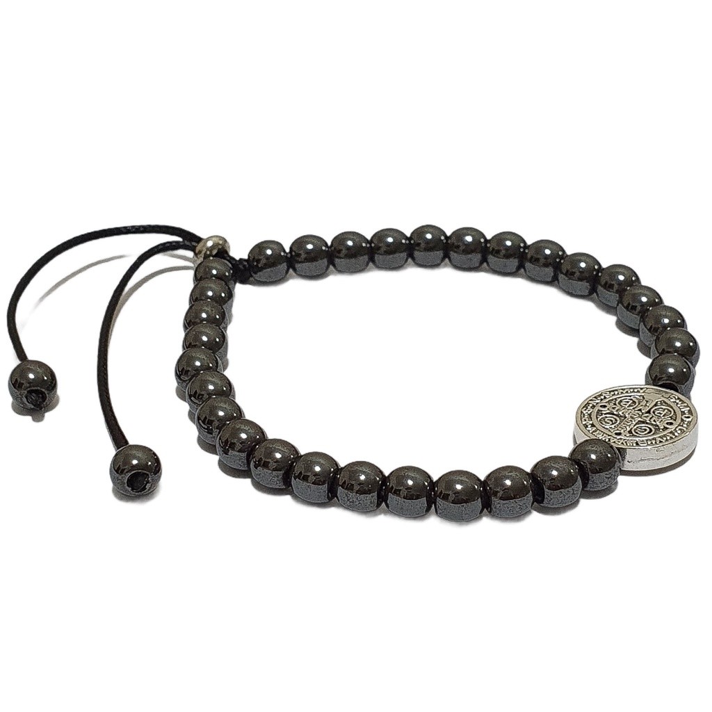 Terço Pulseira De Pulso São Bento De Pedras Hematita Regulável Bracelete Medalha Do Sao Bento