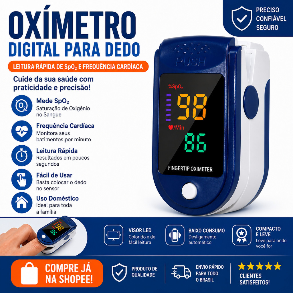 Oxímetro digital para dedo com visor led, leitura rápida de spo2 e frequência cardíaca para uso doméstico