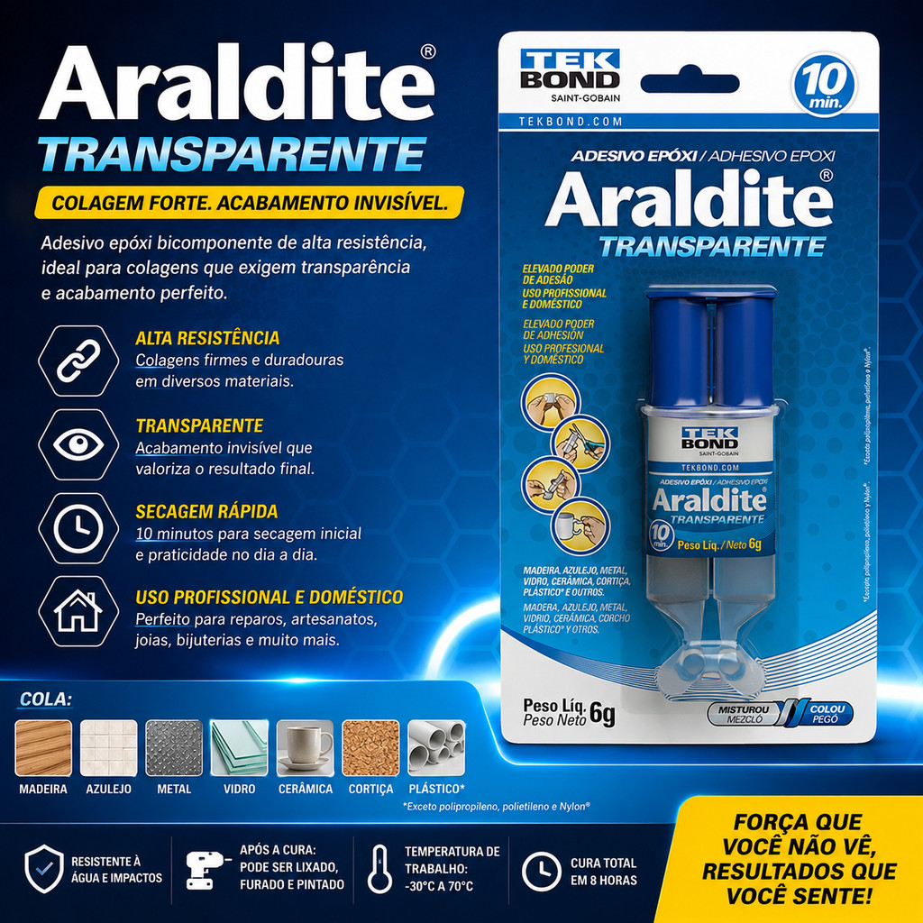 Adesivo Cola Epoxi Araldite Transparente 6G Secagem 10 Minutos Embalagem Seringa Blister