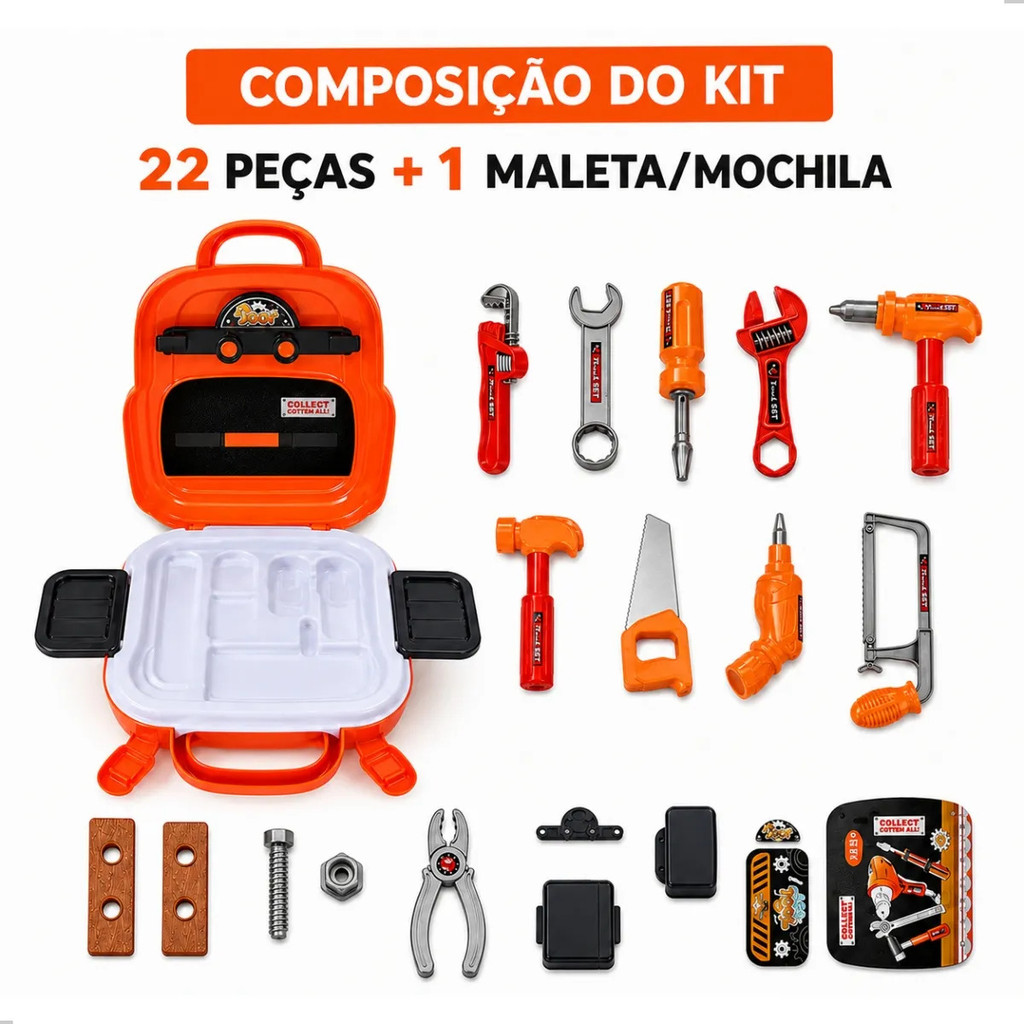 Kit Maleta de Ferramentas Infantil 22 Peças 3 em 1 Vira Mochila Oficina Brinquedo Menino Educativo · foto 2