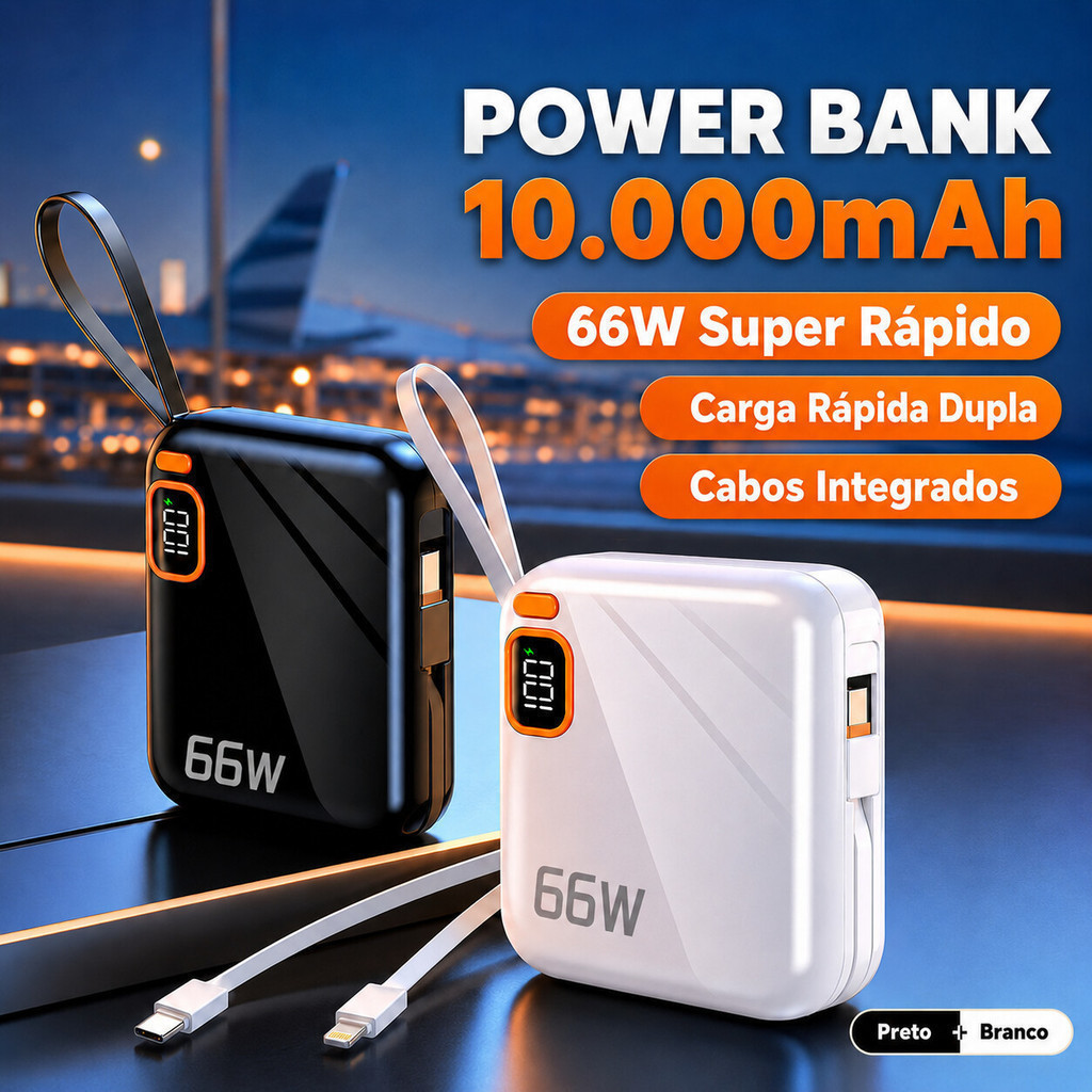 Power Bank 10000mAh Carregador Portátil Carga Rápida Compacto com Cabo Integrado Dupla Saída