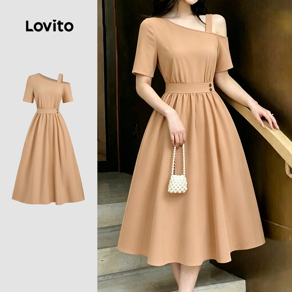 (New Arrival) Lovito Vestido Casual Assimétrico com Botões e Pregas Bege Primave