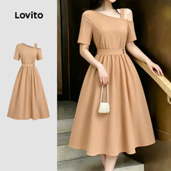 Lovito Vestido Casual Assimétrico com Botões e Pregas Bege Primavera/verão para Mulheres L196LD149