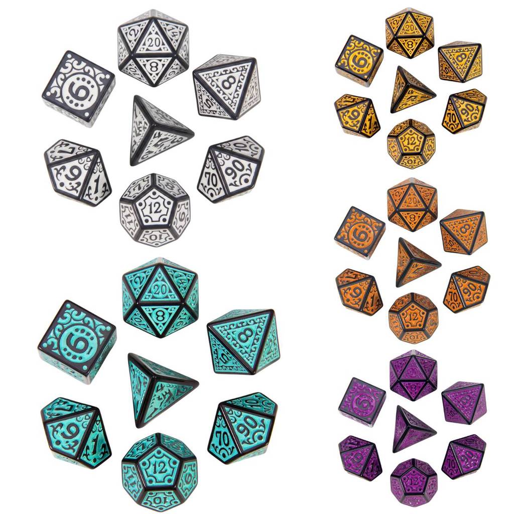Kit 7 Dados RPG de Mesa - Dados Runas Tribais Coloridas D4 ao D20 | Conjunto Completo Rúnico DnD