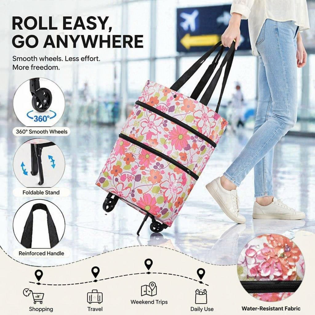 1 Pc Bolsa Sacola Floral com Rodinhas Multiuso para Praia Feira Mercado Passeio e Viagem