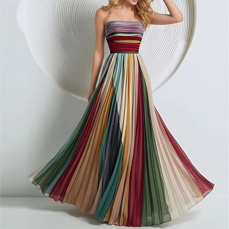 Vestido Maxi Plissado Listrado Colorido , Elegante , Sem Alças Mangas , Estilo Boêmio 202608A