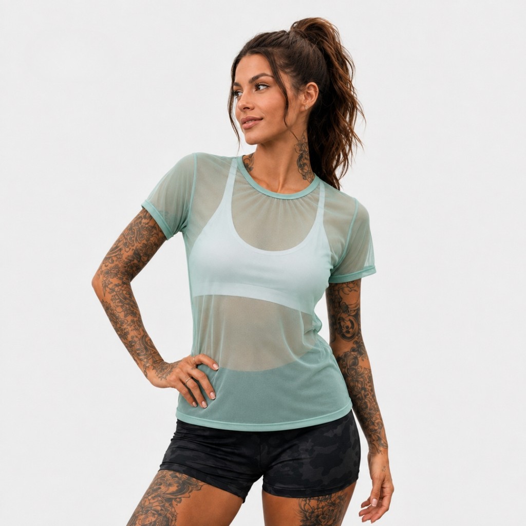 Regata Fitness Feminina Tule Transparente Manga Curta Blusa Academia Leve Treino e Musculação