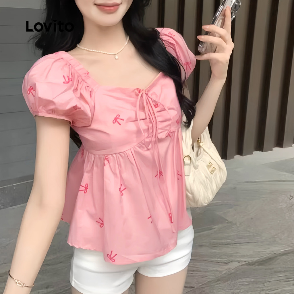 Lovito Casual Blusa Fofa De Desenho Animado Com Cadarço Blusa De Verão/Primavera Para Mulheres Bordado L128ED206 · foto 2