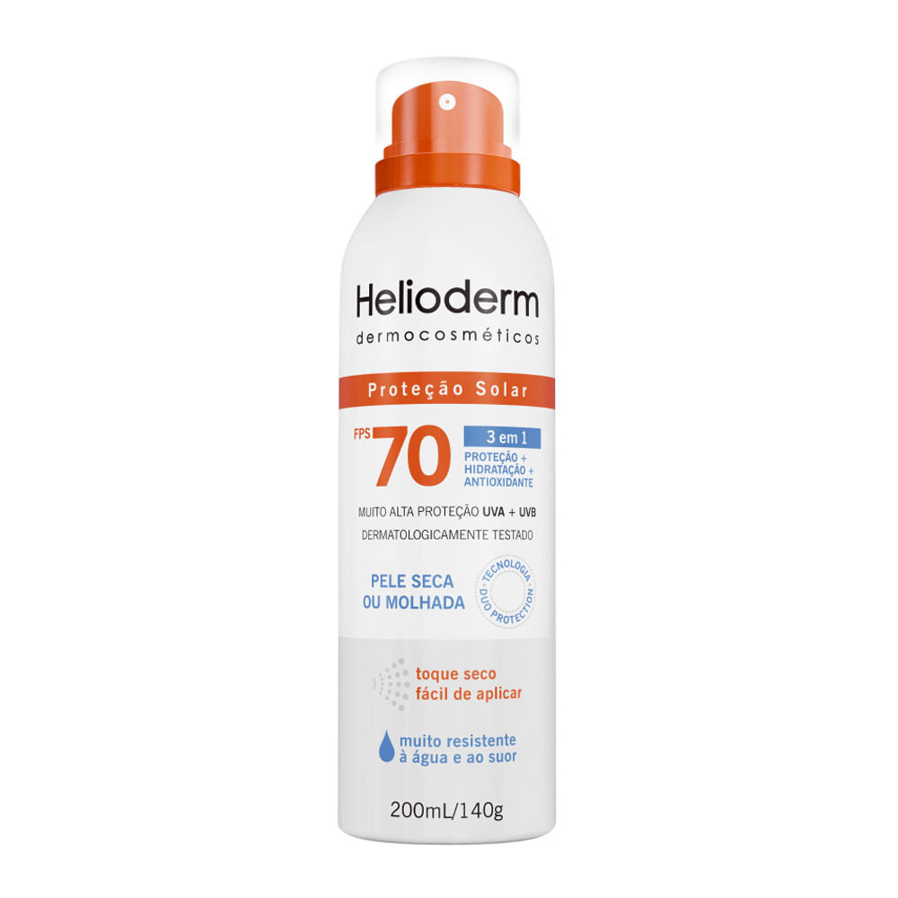 Protetor Solar Helioderm 3 em 1 FPS 70 Pele Seca ou Molhada Aerosol 200ml