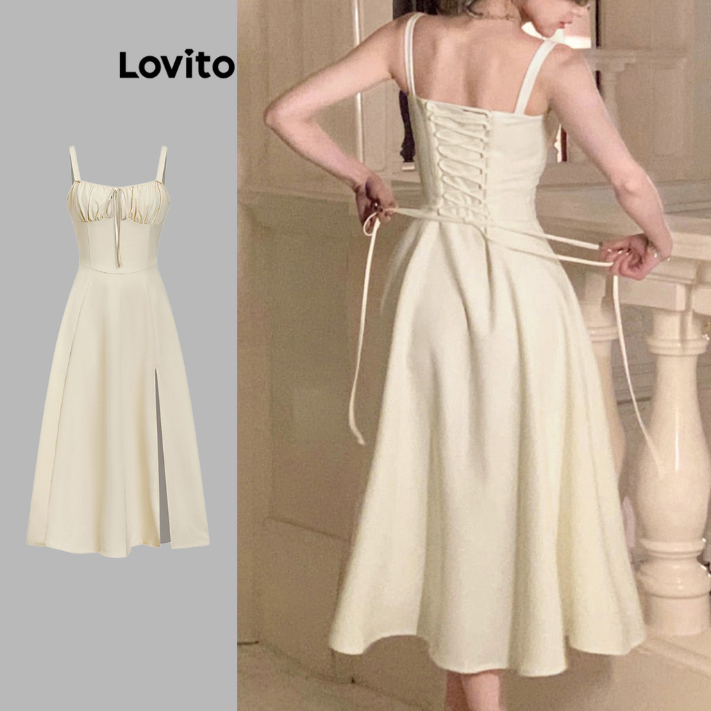 Lovito Elegante Vestido Feminino com Amarração Frontal e Costas Vestido de Verão