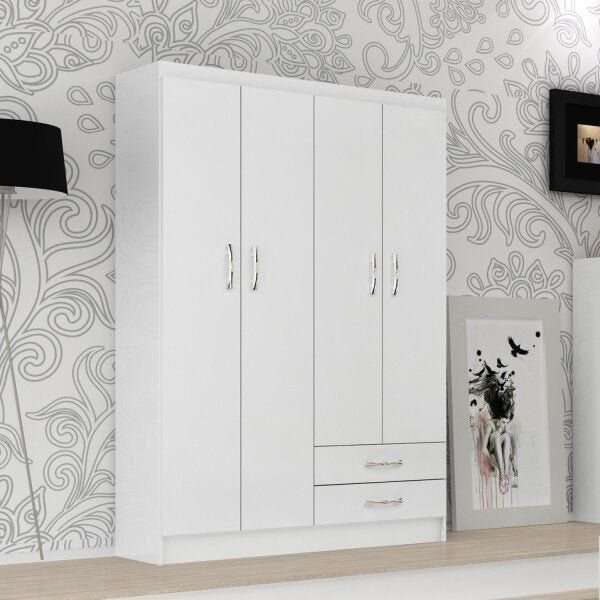 Guarda-Roupa Solteiro 4 Portas 2 Gavetas Atalaia Branco Branco