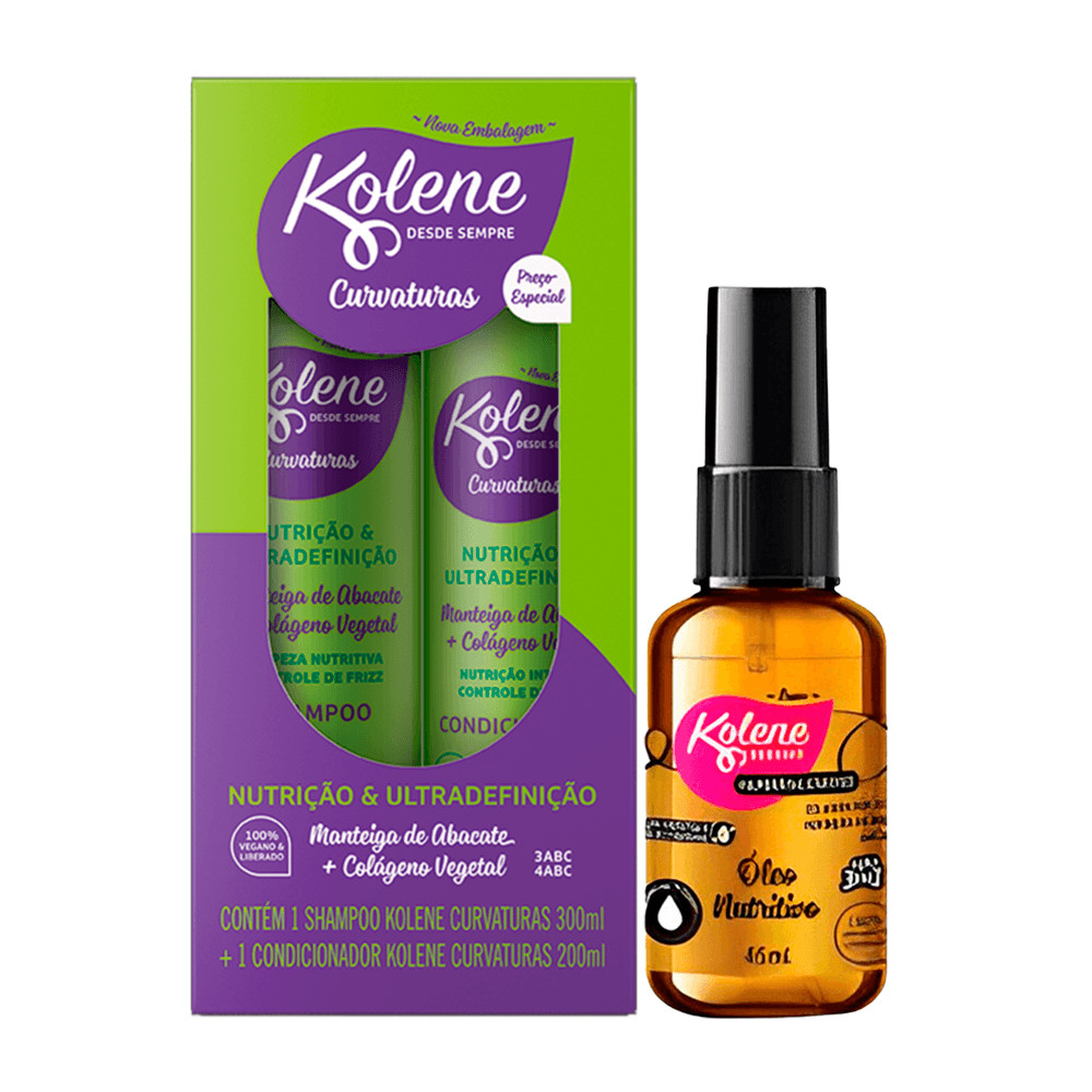Kit Kolene Curvaturas Shampoo 300ml + Condicionador 200ml + Óleo Nutritivo Kolen