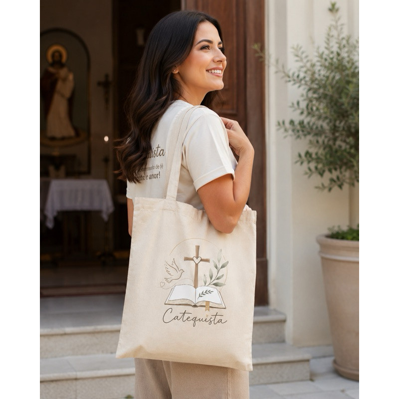 Ecobag Catequista 100% Algodão Cru Católica Devoção Unissex 38x40
