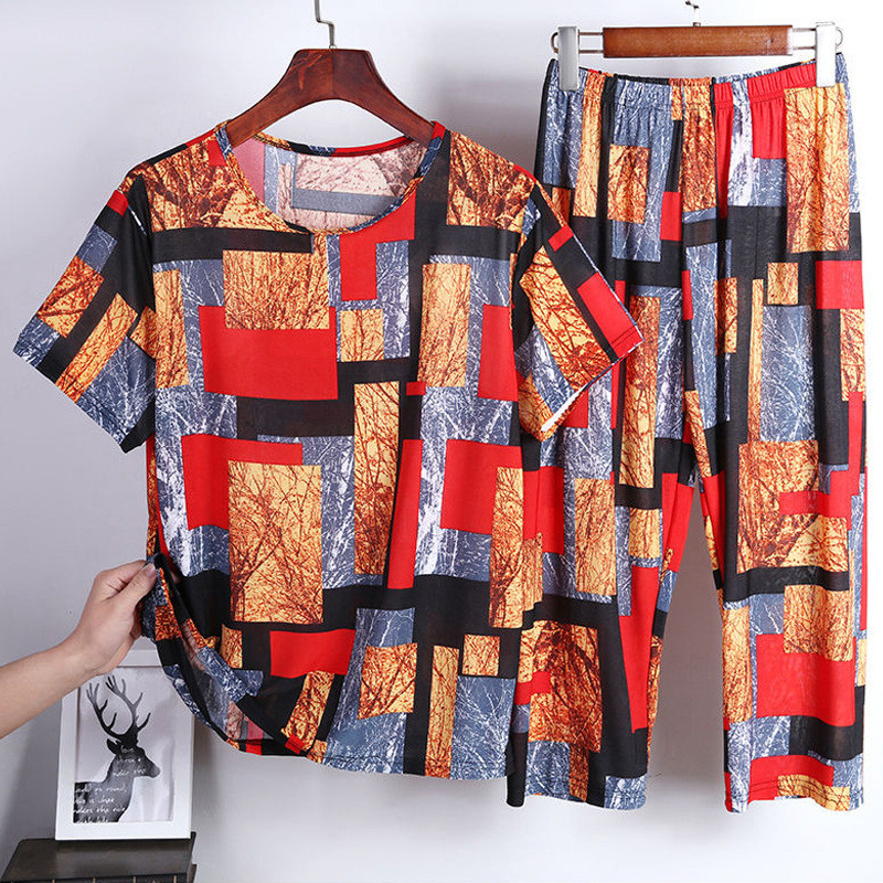 Seda gelo mãe terno pijamas feminino de manga curta seção média fina idosos Homewear tamanho grande terno roupas soltas