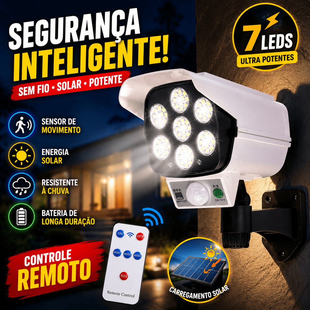 Câmera Falsa 77 Led 60W Refletor Solar Com Sensor Presença Antifurto Ladrão Luminária Autonoma Prova D'Água Jardim Casa