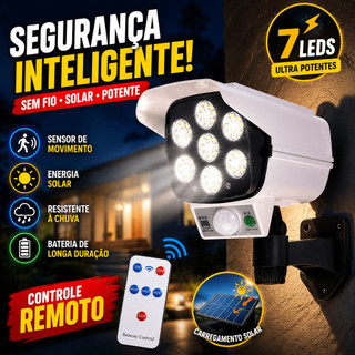 Câmera Falsa 77 Led 60W Refletor Solar Com Sensor Presença Antifurto Ladrão Luminária Autonoma Prova D'Água Jardim Casa