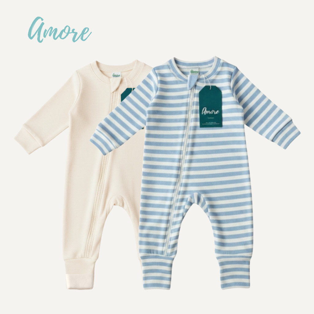 Kit 2 Macacão longo para Bebê Amore Listrado Azul Claro e Bege 100% Algodão