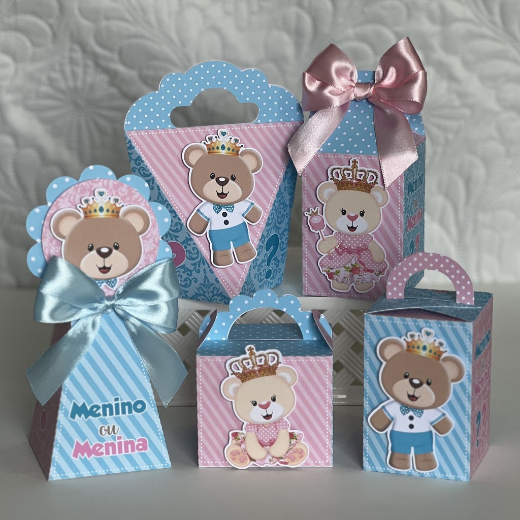 Kit Papelaria Personalizada Chá Revelação Caixa Caixinha para Festa Lembrancinha DESMONTADO
