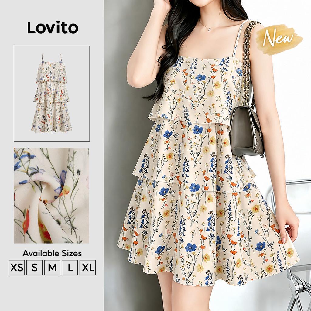 (New Arrival) Lovito Padrão de Vestido Boho Camada em Camada Primavera/verão Vestido Off White para Mulheres DRB203TD024