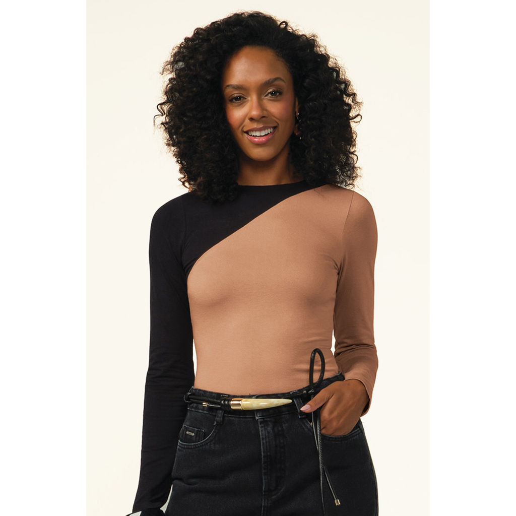 Blusa Feminina Manga Longa Bicolor Marialícia Marrom