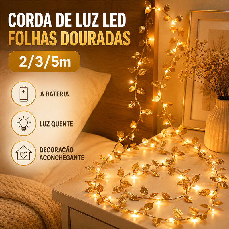 Corda de Luz LED com Folhas Douradas 2/3/5m a Bateria para Quarto, Casa e Decoração de Ambientes