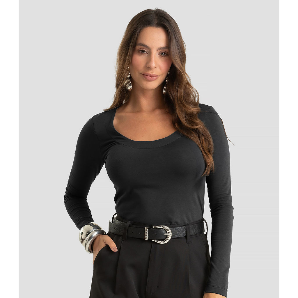 Blusa Feminina Manga Longa Em Cotton Leve Dianna Preto