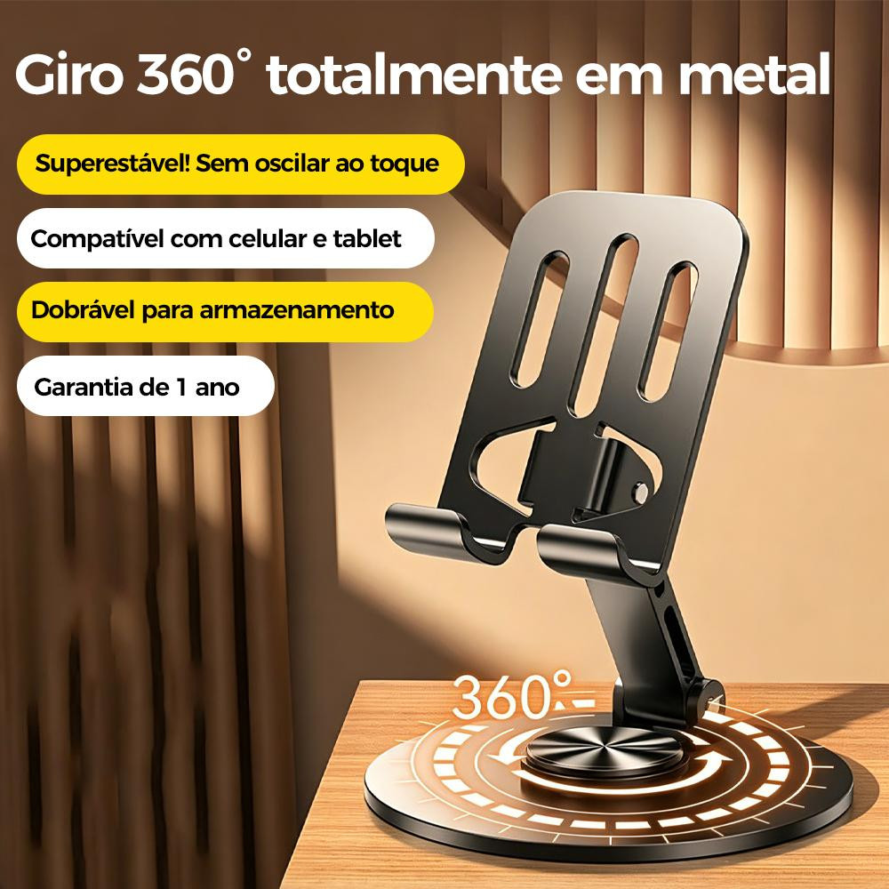 Suporte Alumínio de Mesa Base Rotatória Ajustável 360º Para celulares e Tablets