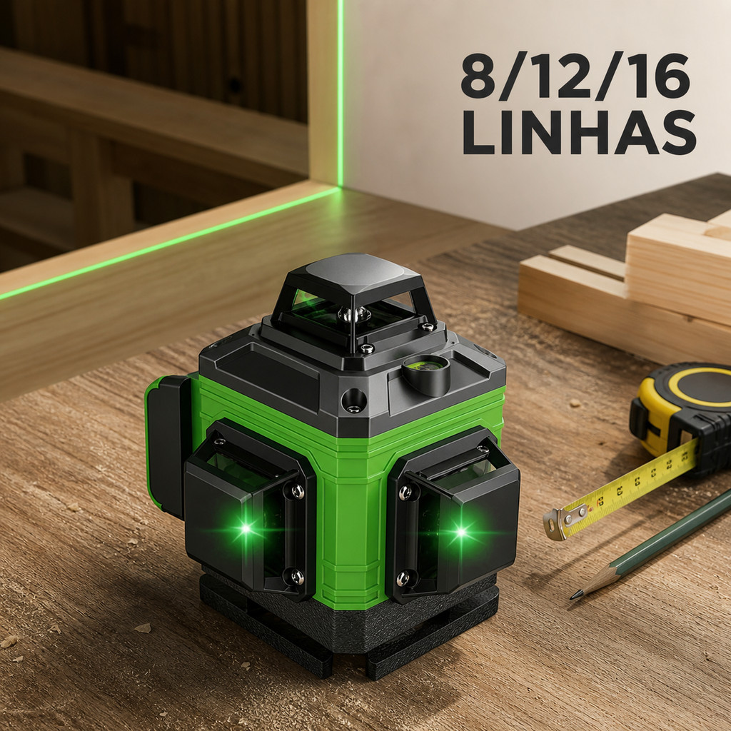 Nível Laser Verde em Versões 8/12/16 Linhas com Base Giratória para Uso Interno e Externo