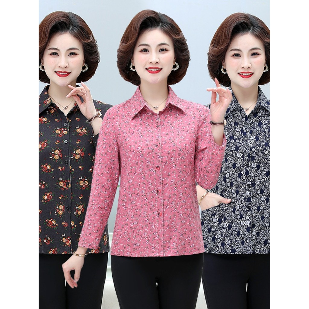 Mulheres idosas de meia-idade verão algodão camisa de manga comprida Midle-idade mãe primavera outono solto ocidental
