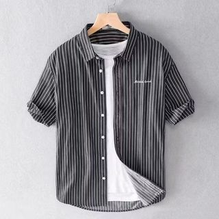 ❤Novidades❤❤ Camisa listrada de textura de luxo leve masculina de manga curta camisa Casual masculina de negócios roupa 