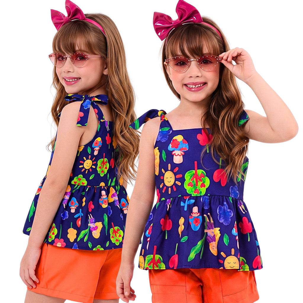 Conjunto infantil menina moda blogueira tecido leve blusa e shorts não amassa confortavel estampados tamanhos 2 4 6 8 10