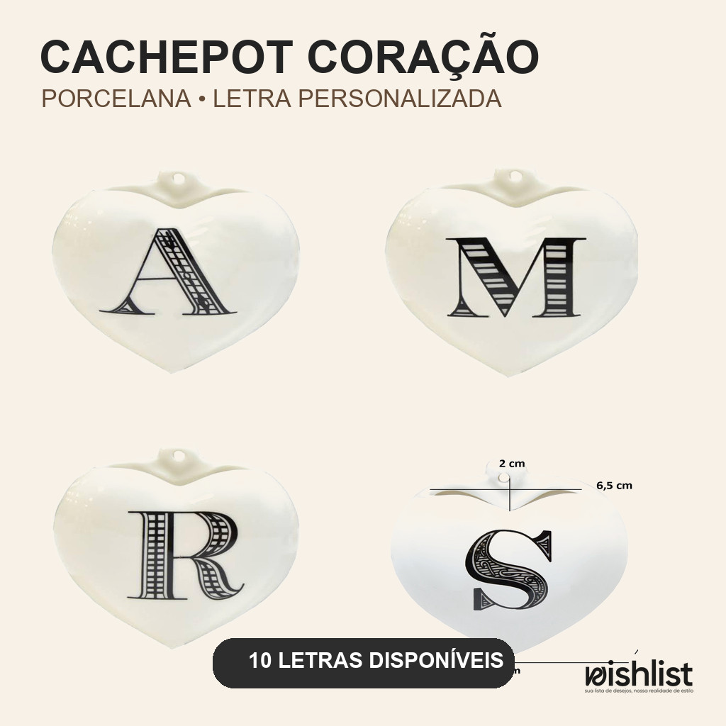 Cachepot Coração Porcelana 10cm Com Letra Para Parede Mesa Nicho Presente
