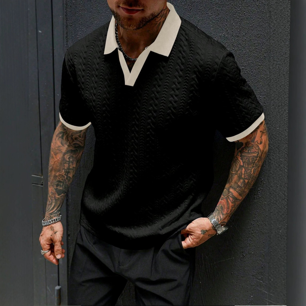 Novos homens Jacquard malha Polo camisa de manga curta Casual cor sólida roupas masculinas